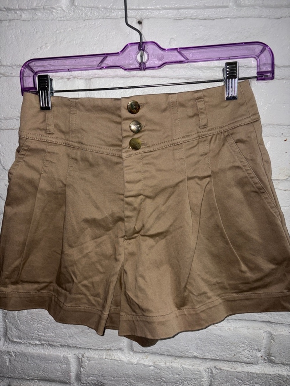 High-Waist Pleated Women's Shorts in Tan with Gold Buttons